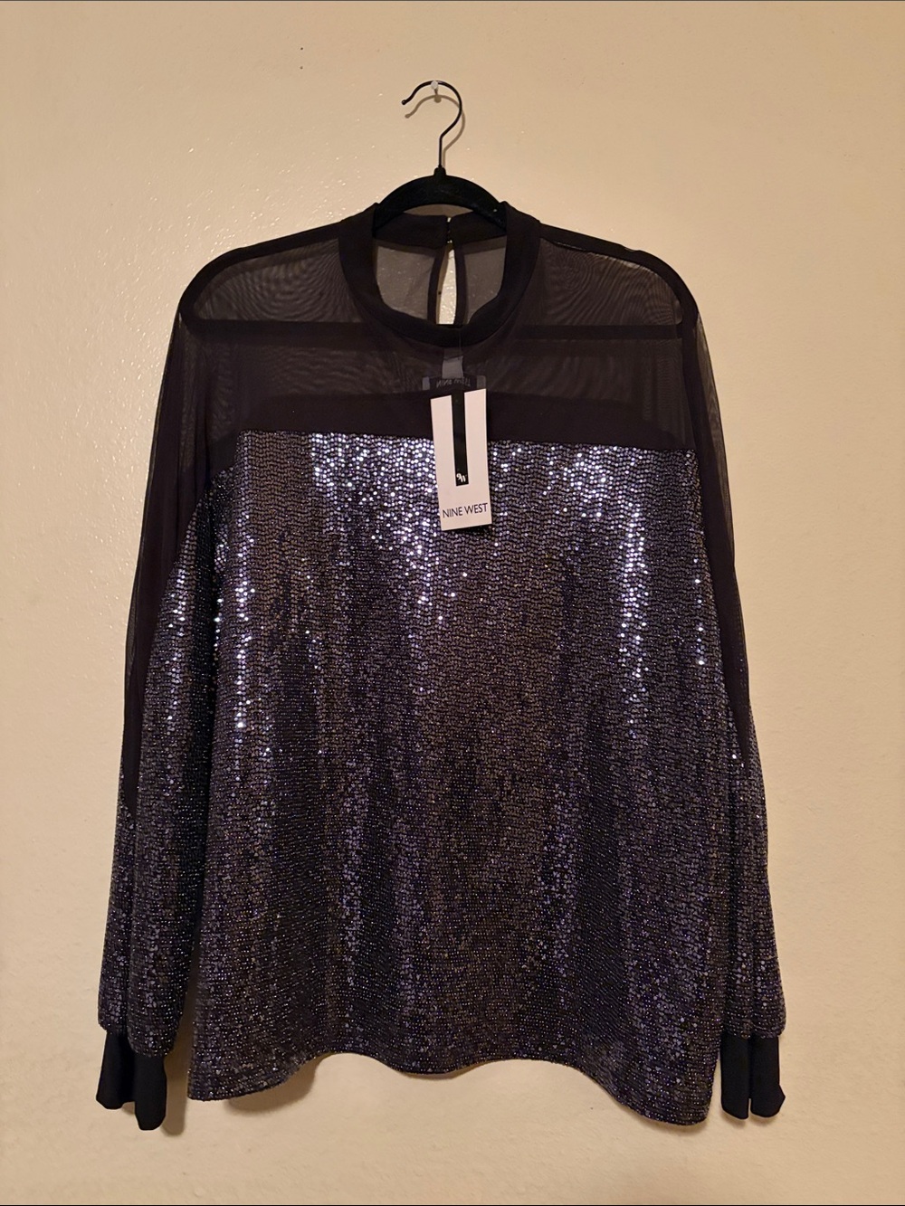 Nine West Black Sequin & Mesh Long Sleeve Top